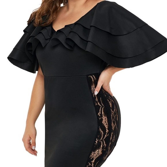 Brand New Plus Size Black Cascading Shoulder Lace Dress - Picture 3 of 4